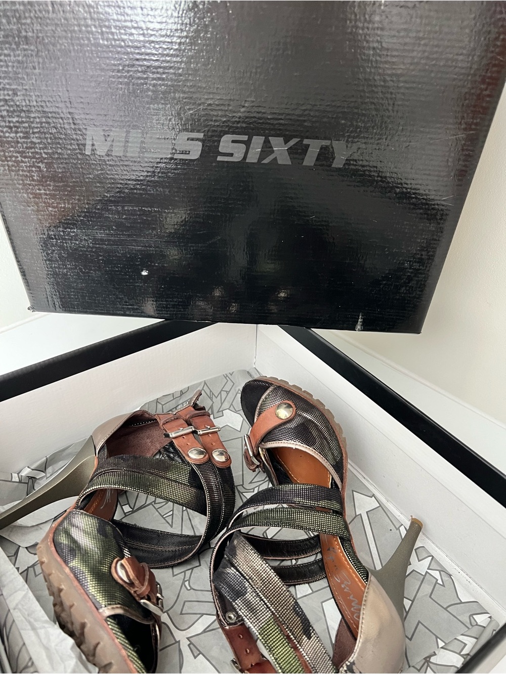 Miss Sixty Iridescent Black Strappy High Heel Sandals with Brown Accents - Picture 2 of 16